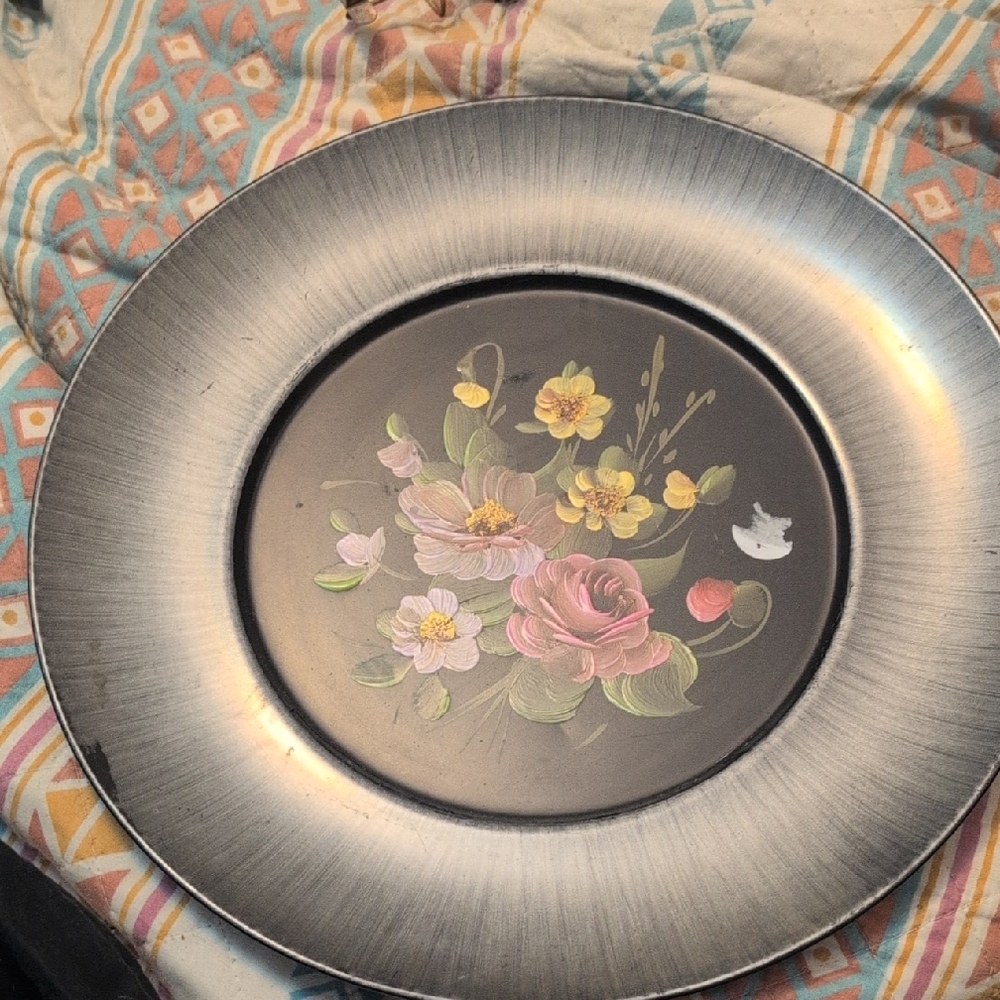 Vintage Hand Painted Floral Black Decorative Metal Plate